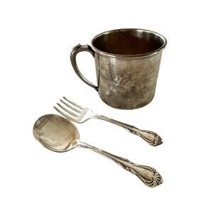 Vintage Oneida Silver Plated Primary Set Child's Cup, Baby Spoon and Fork STEVEN